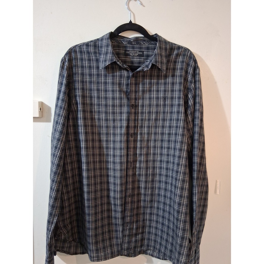 AllSaints Mens Slim Fit Ramskull Plaid Button Down‎ Shirt Charcoal Grey XXL